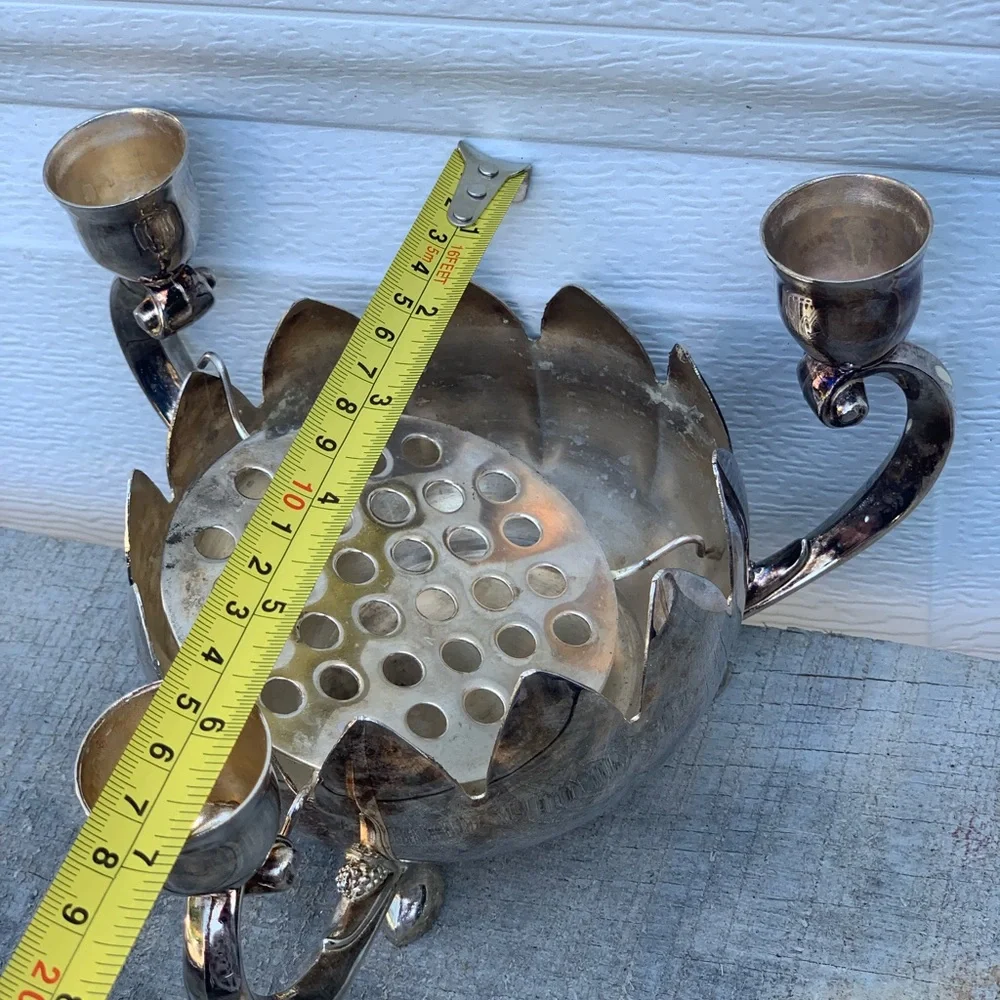 Vintage Brass Lotus 3 Arm Candelabra W/Flower Bowl & Candles/Holder Sliverplated